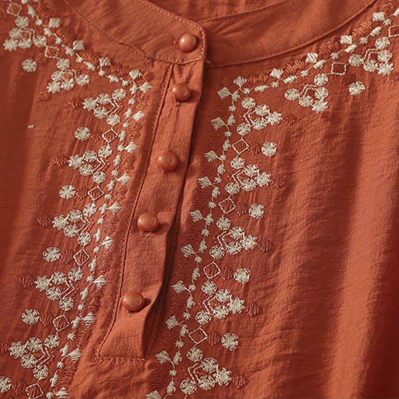 Nimara Ritual Spring Embroidered Cotton Half Buttons Women's Short Sleeve Shirt