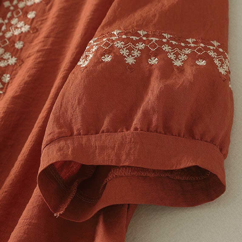 Nimara Ritual Spring Embroidered Cotton Half Buttons Women's Short Sleeve Shirt