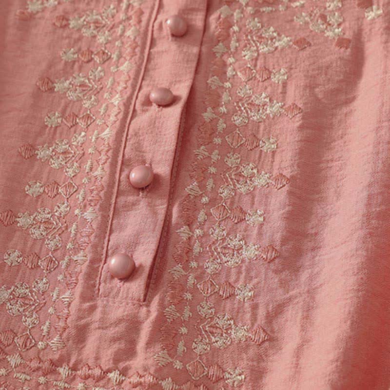 Nimara Ritual Spring Embroidered Cotton Half Buttons Women's Short Sleeve Shirt