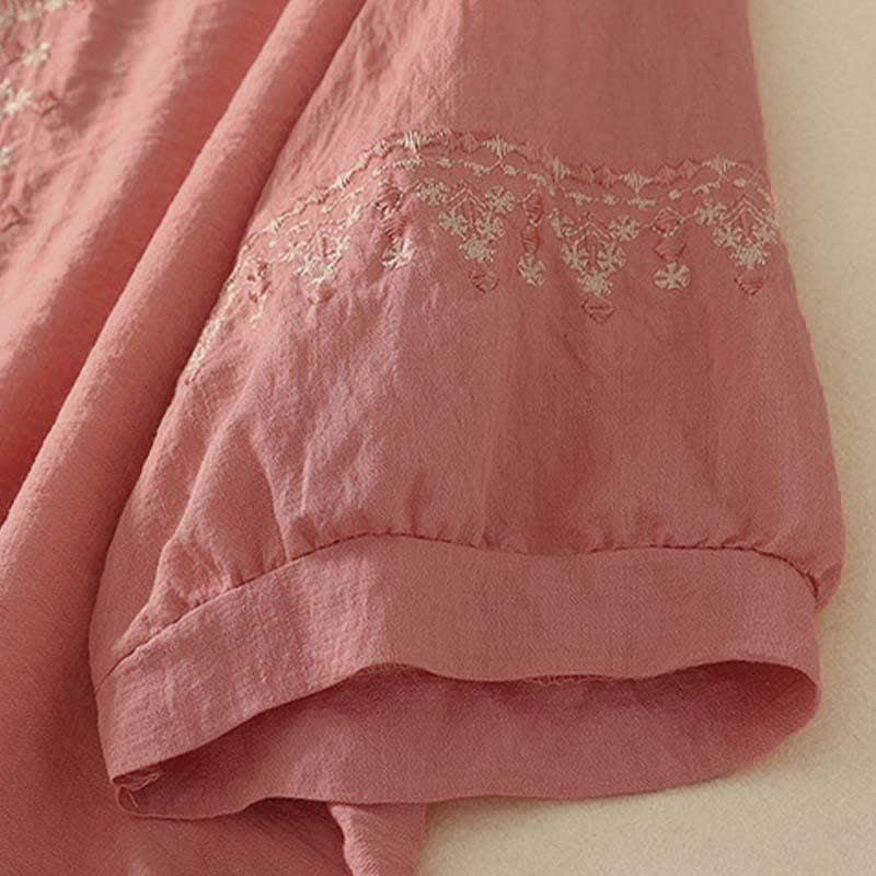 Nimara Ritual Spring Embroidered Cotton Half Buttons Women's Short Sleeve Shirt