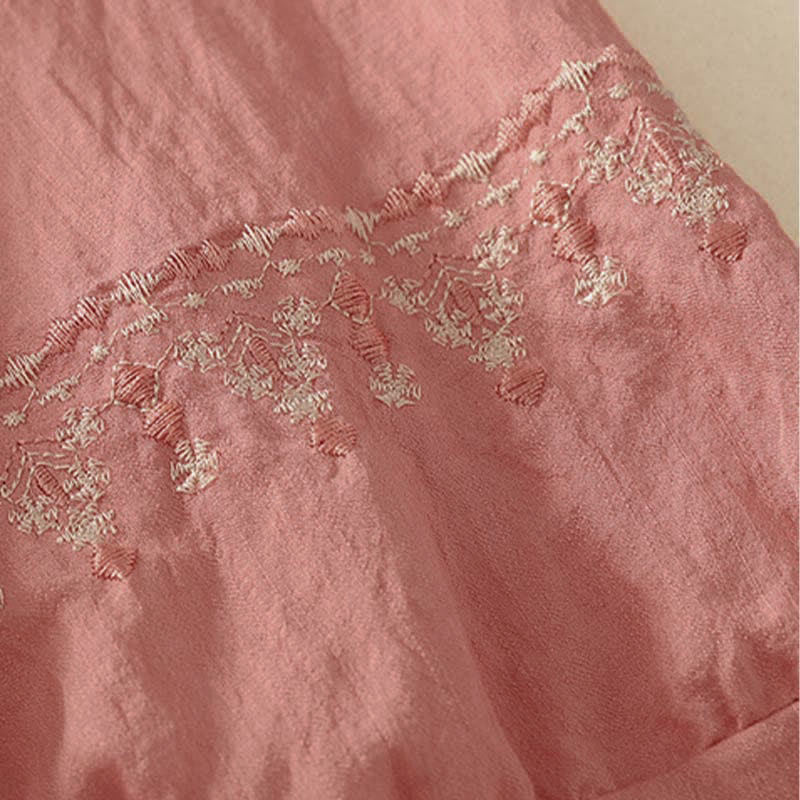Nimara Ritual Spring Embroidered Cotton Half Buttons Women's Short Sleeve Shirt