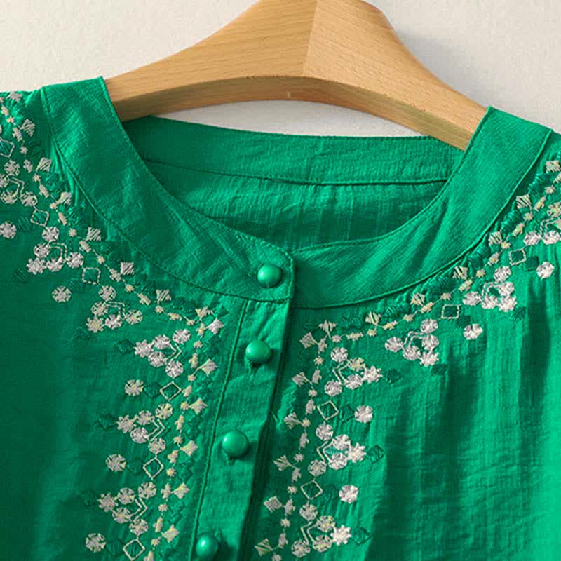 Nimara Ritual Spring Embroidered Cotton Half Buttons Women's Short Sleeve Shirt