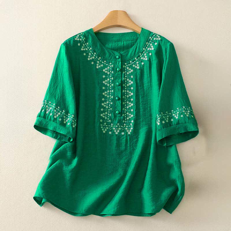Nimara Ritual Spring Embroidered Cotton Half Buttons Women's Short Sleeve Shirt