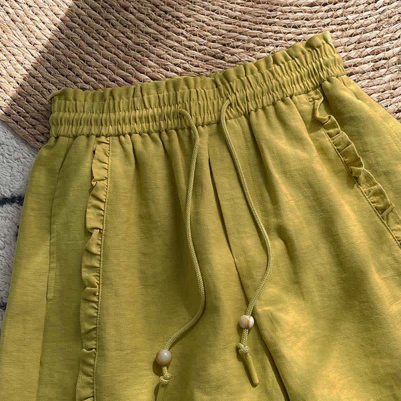 Nimara Ritual Summer Drawstring Ruffle Elastic Waist Women's Shorts With Pockets