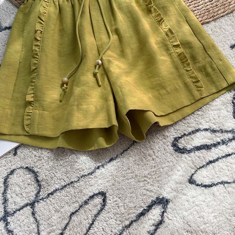Nimara Ritual Summer Drawstring Ruffle Elastic Waist Women's Shorts With Pockets