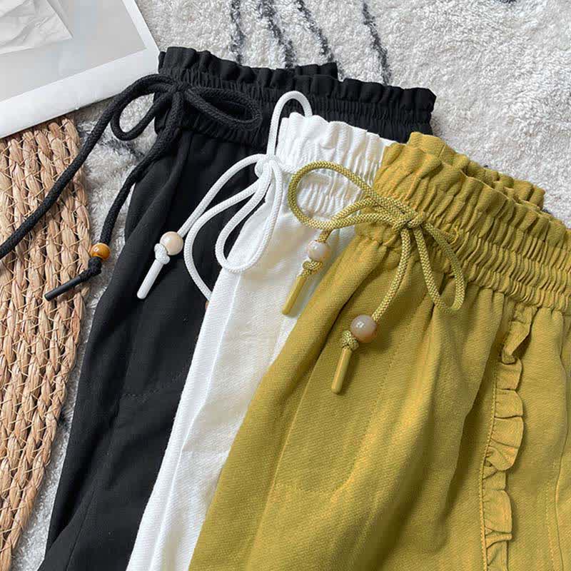 Nimara Ritual Summer Drawstring Ruffle Elastic Waist Women's Shorts With Pockets