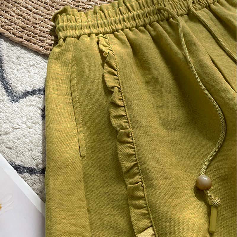 Nimara Ritual Summer Drawstring Ruffle Elastic Waist Women's Shorts With Pockets