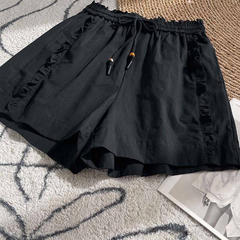 Nimara Ritual Summer Drawstring Ruffle Elastic Waist Women's Shorts With Pockets