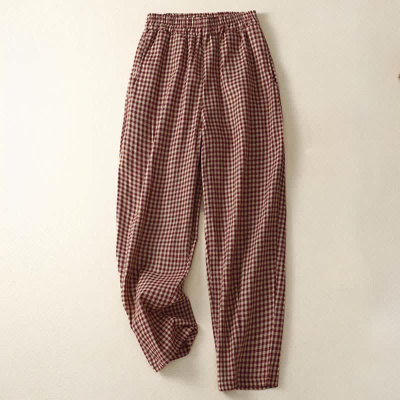Nimara Ritual Summer Plaid Elastic Waist Cropped Women's Tapered Pants With Pockets