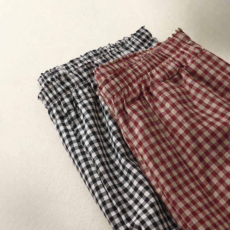 Nimara Ritual Summer Plaid Elastic Waist Cropped Women's Tapered Pants With Pockets