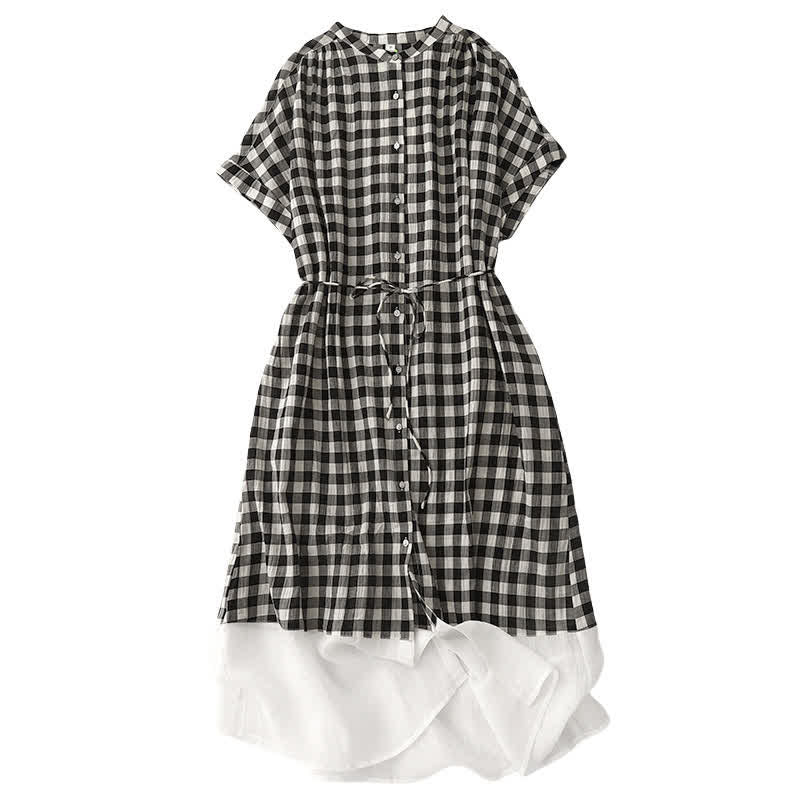 Nimara Ritual Spring Gingham Knee Length Women's Short Sleeve Dress With Tie Waist Chiffon Hem