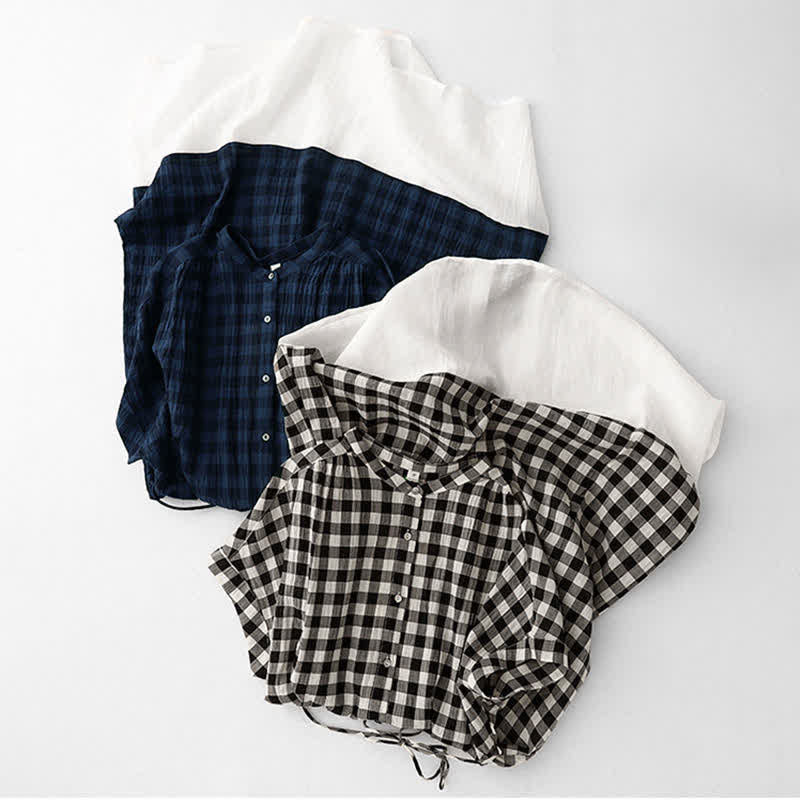 Nimara Ritual Spring Gingham Knee Length Women's Short Sleeve Dress With Tie Waist Chiffon Hem
