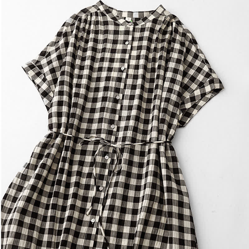 Nimara Ritual Spring Gingham Knee Length Women's Short Sleeve Dress With Tie Waist Chiffon Hem