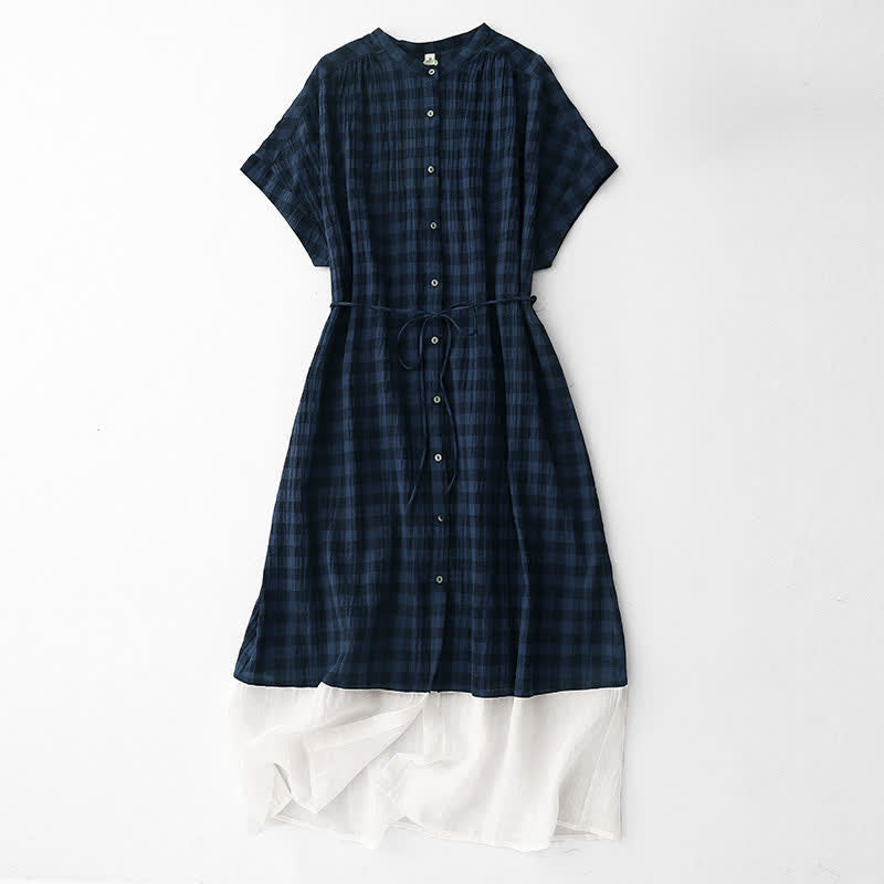 Nimara Ritual Spring Gingham Knee Length Women's Short Sleeve Dress With Tie Waist Chiffon Hem