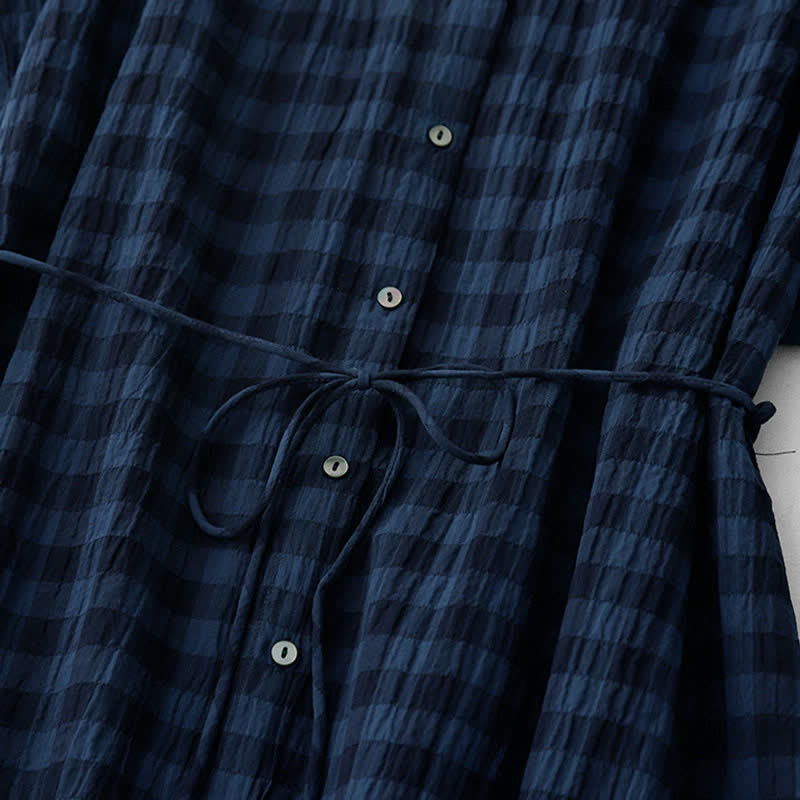 Nimara Ritual Spring Gingham Knee Length Women's Short Sleeve Dress With Tie Waist Chiffon Hem