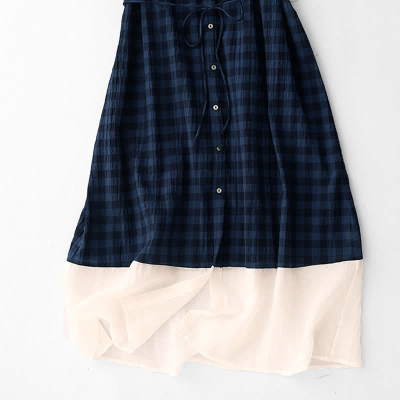 Nimara Ritual Spring Gingham Knee Length Women's Short Sleeve Dress With Tie Waist Chiffon Hem