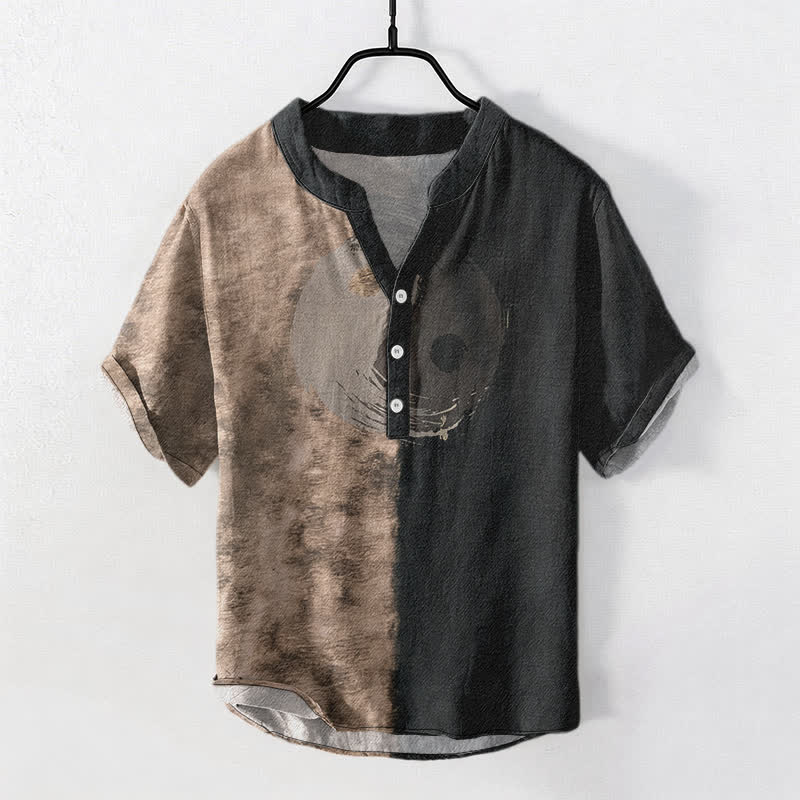 Nimara Ritual Cotton Two Tone Taiji Ink Print Men's Short Sleeve Half Button Shirt