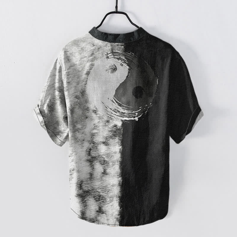 Nimara Ritual Cotton Two Tone Taiji Ink Print Men's Short Sleeve Half Button Shirt