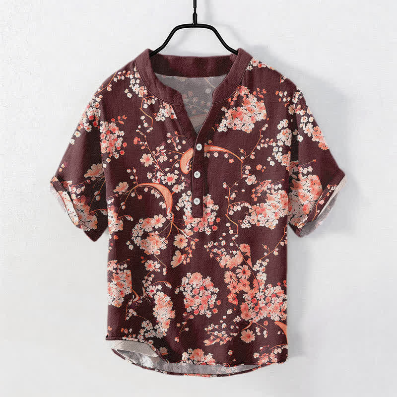 Nimara Ritual Cotton Pink Floral Henley Men's Short Sleeve Half Button Shirt