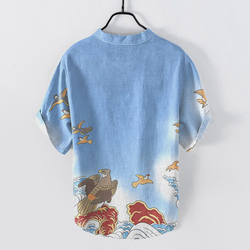 Nimara Ritual Cotton Ocean Bird Wave Rock Print Men's Short Sleeve Half Button Shirt