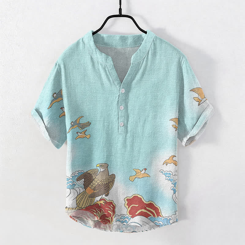 Nimara Ritual Cotton Ocean Bird Wave Rock Print Men's Short Sleeve Half Button Shirt