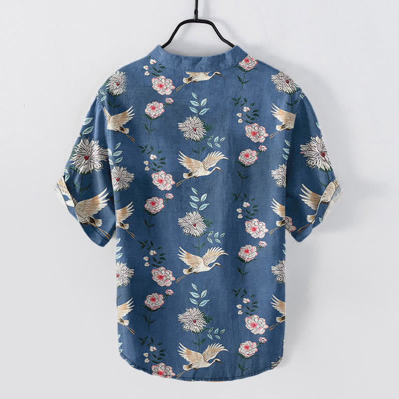 Nimara Ritual Cotton Crane Floral Print Men's Short Sleeve Half Button Shirt