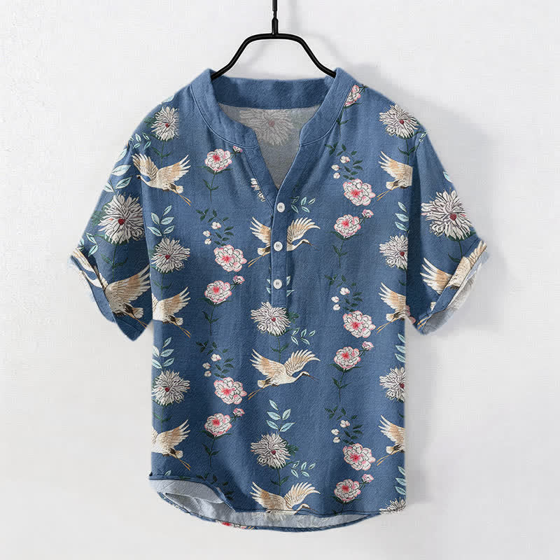 Nimara Ritual Cotton Crane Floral Print Men's Short Sleeve Half Button Shirt