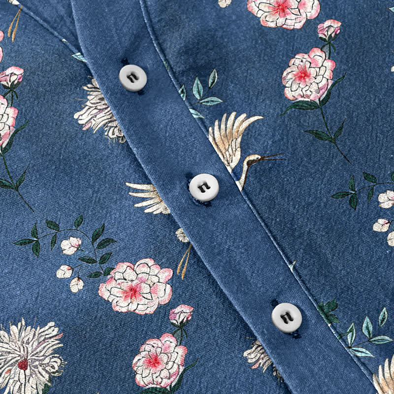 Nimara Ritual Cotton Crane Floral Print Men's Short Sleeve Half Button Shirt
