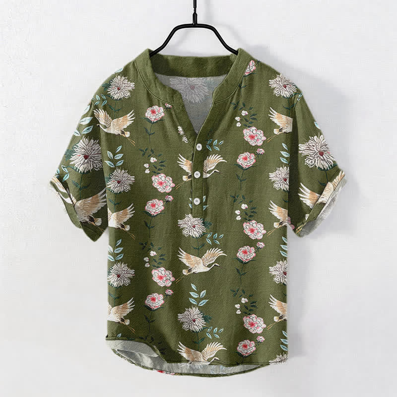 Nimara Ritual Cotton Crane Floral Print Men's Short Sleeve Half Button Shirt
