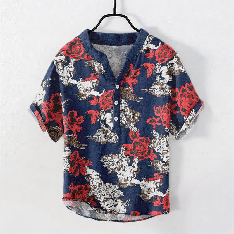 Nimara Ritual Cotton Red Floral Cloud Print Henley Men's Short Sleeve Half Button Shirt