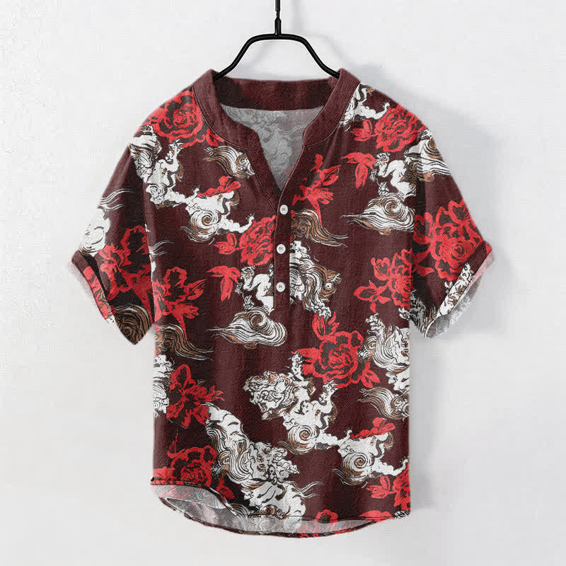 Nimara Ritual Cotton Red Floral Cloud Print Henley Men's Short Sleeve Half Button Shirt
