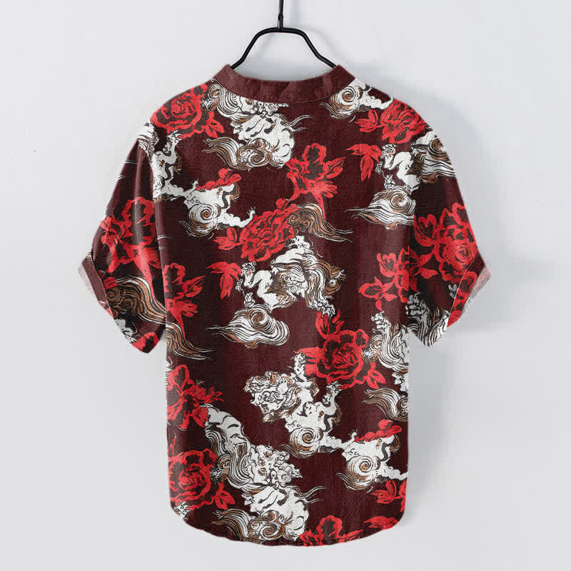 Nimara Ritual Cotton Red Floral Cloud Print Henley Men's Short Sleeve Half Button Shirt