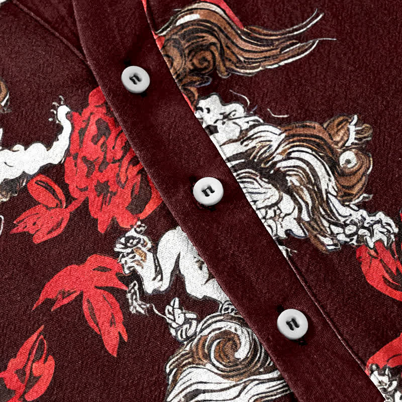 Nimara Ritual Cotton Red Floral Cloud Print Henley Men's Short Sleeve Half Button Shirt