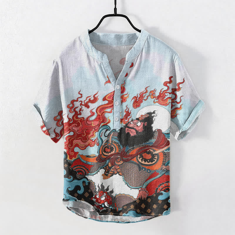 Nimara Ritual Cotton Mythic Flame Print Men's Short Sleeve Half Button Shirt