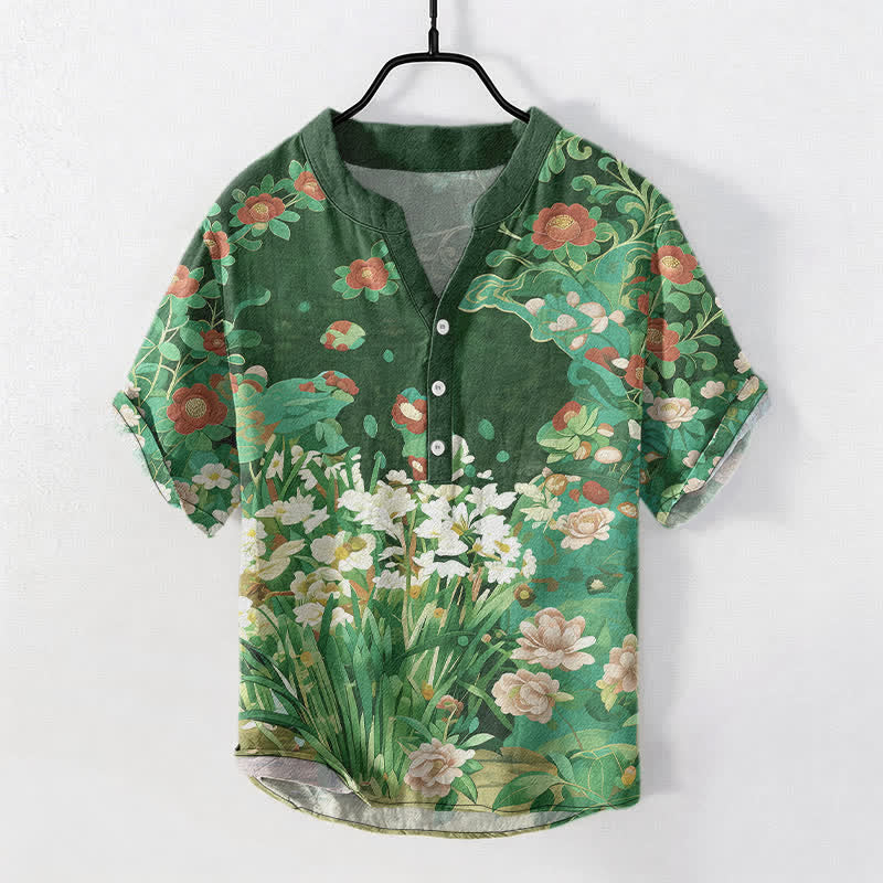 Nimara Ritual Cotton Tropical Floral Print Men's Short Sleeve Half Button Shirt