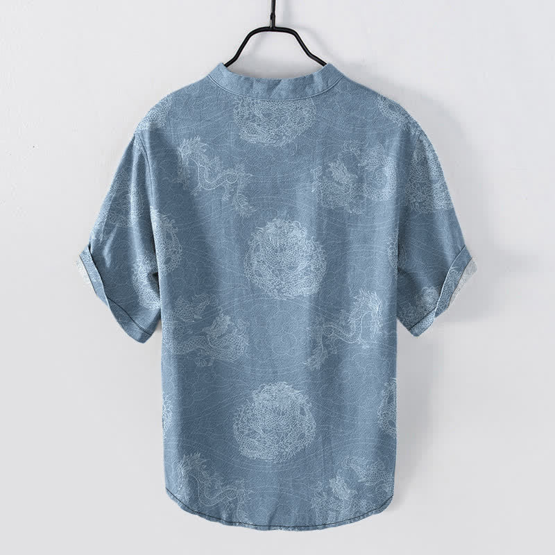 Nimara Ritual Cotton Dragon Print Men's Short Sleeve Half Button Shirt