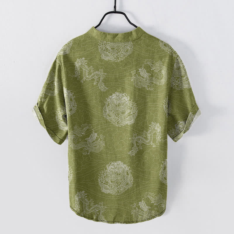 Nimara Ritual Cotton Dragon Print Men's Short Sleeve Half Button Shirt