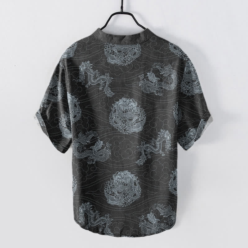 Nimara Ritual Cotton Dragon Print Men's Short Sleeve Half Button Shirt