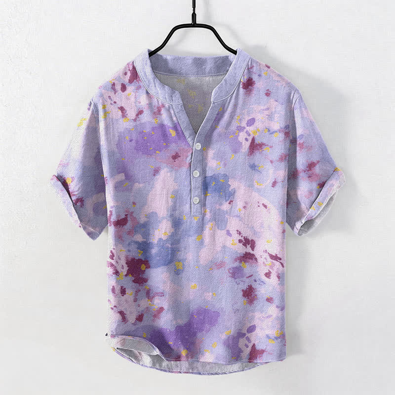Nimara Ritual Cotton Watercolor Splash Men's Short Sleeve Half Button Shirt