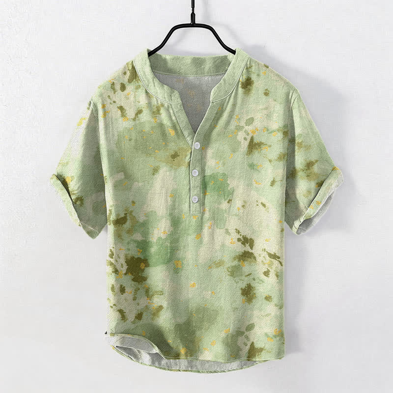 Nimara Ritual Cotton Watercolor Splash Men's Short Sleeve Half Button Shirt
