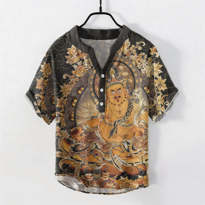 Nimara Ritual Cotton Gold Buddha Floral Print Men's Short Sleeve Half Button Shirt