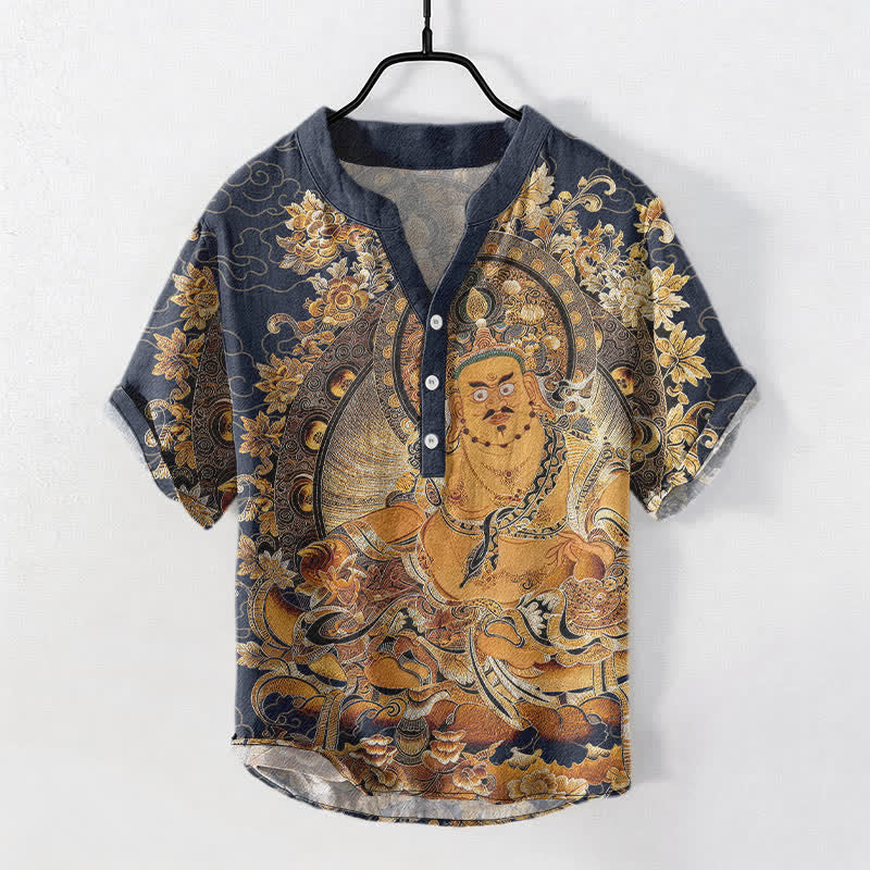 Nimara Ritual Cotton Gold Buddha Floral Print Men's Short Sleeve Half Button Shirt