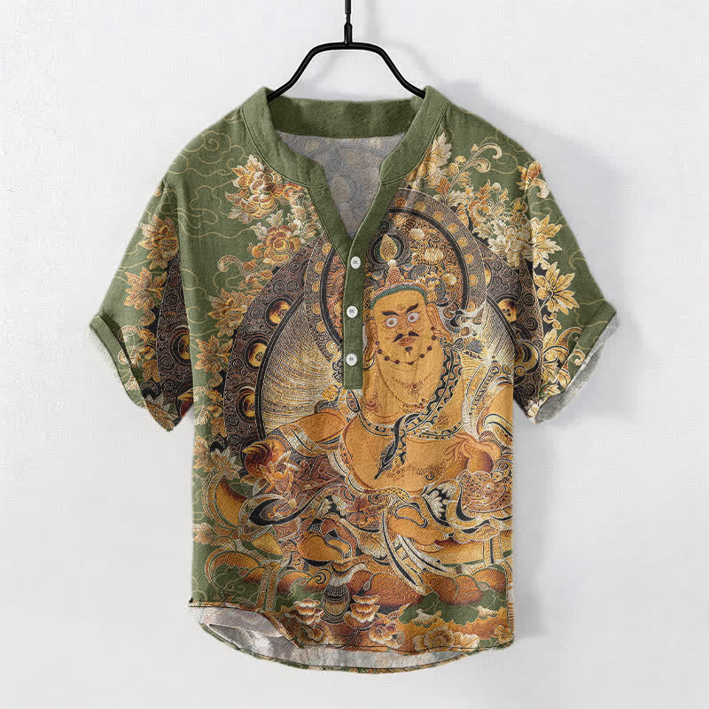Nimara Ritual Cotton Gold Buddha Floral Print Men's Short Sleeve Half Button Shirt