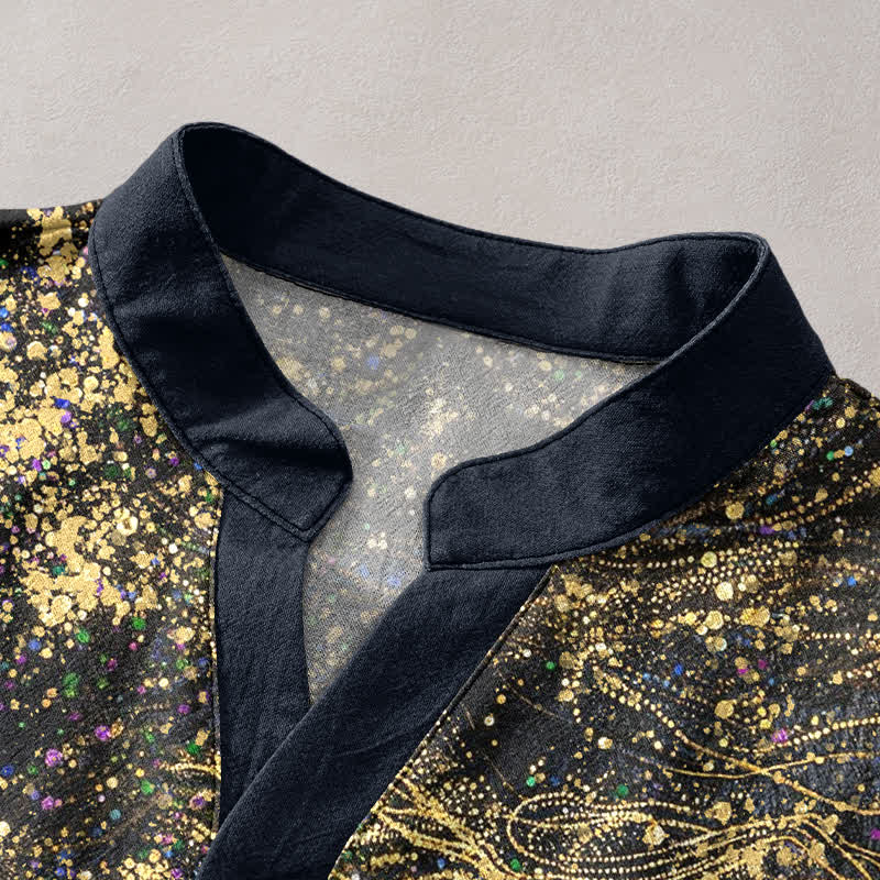 Nimara Ritual Cotton Splatter Dye Galaxy-Inspired Henley Men's Short Sleeve Half Button Shirt