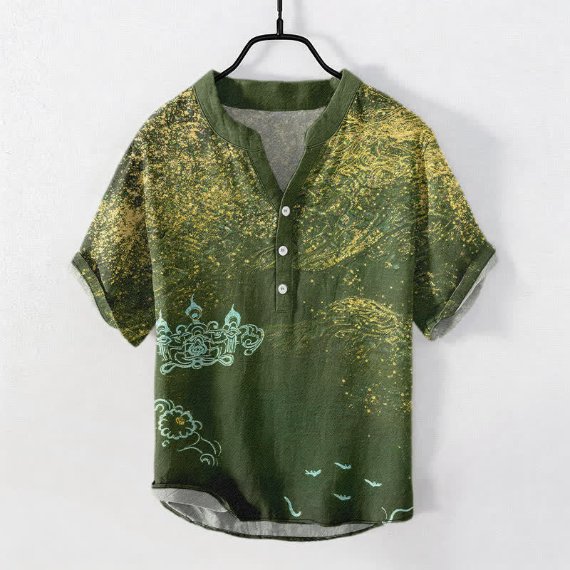 Nimara Ritual Cotton Splatter Dye Galaxy-Inspired Henley Men's Short Sleeve Half Button Shirt