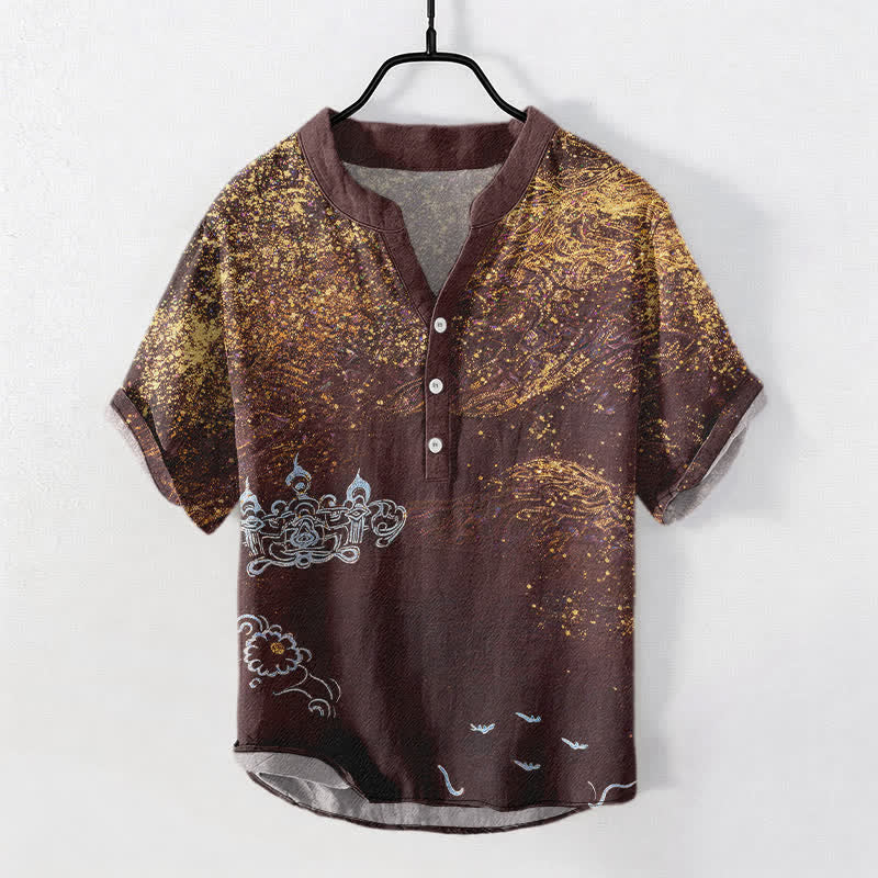 Nimara Ritual Cotton Splatter Dye Galaxy-Inspired Henley Men's Short Sleeve Half Button Shirt
