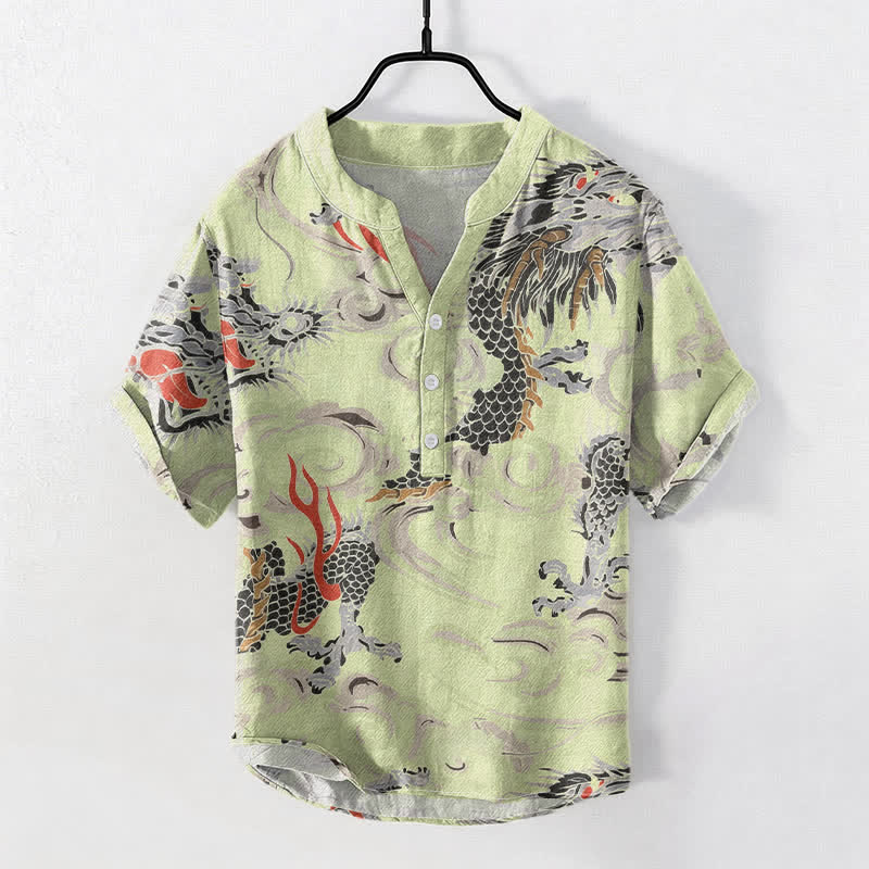 Nimara Ritual Cotton Dragon Print Henley Men's Short Sleeve Half Button Shirt