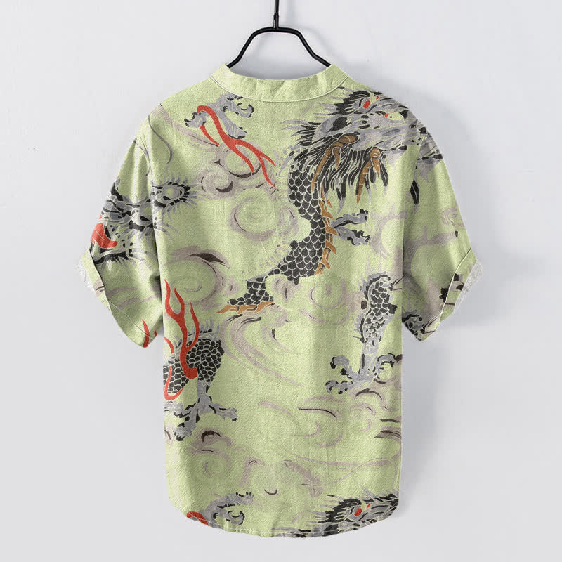 Nimara Ritual Cotton Dragon Print Henley Men's Short Sleeve Half Button Shirt