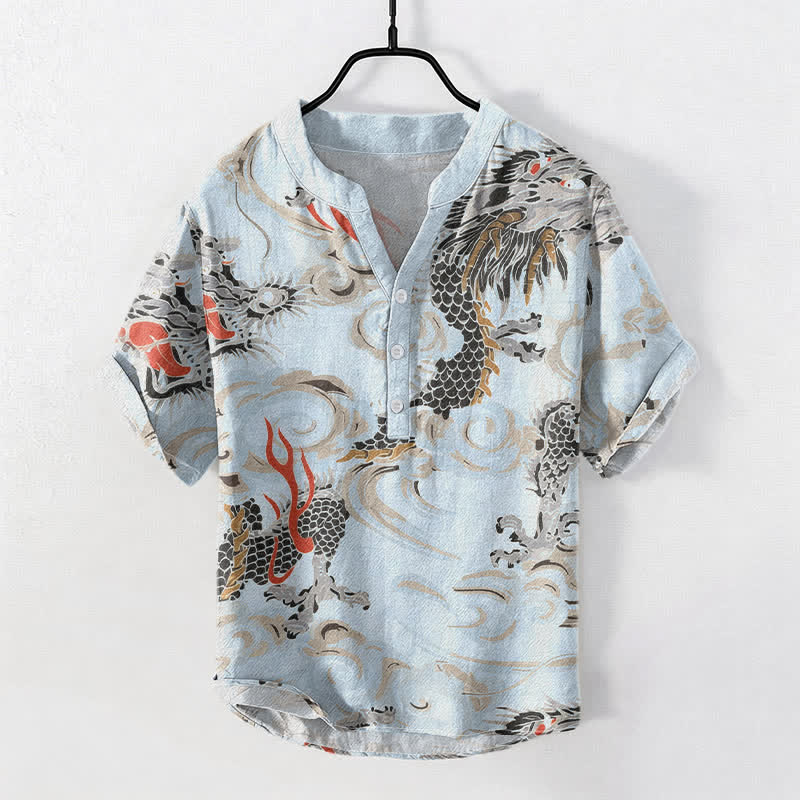 Nimara Ritual Cotton Dragon Print Henley Men's Short Sleeve Half Button Shirt