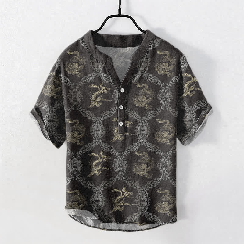 Nimara Ritual Cotton Dragon Phoenix Emblem Men's Short Sleeve Half Button Shirt